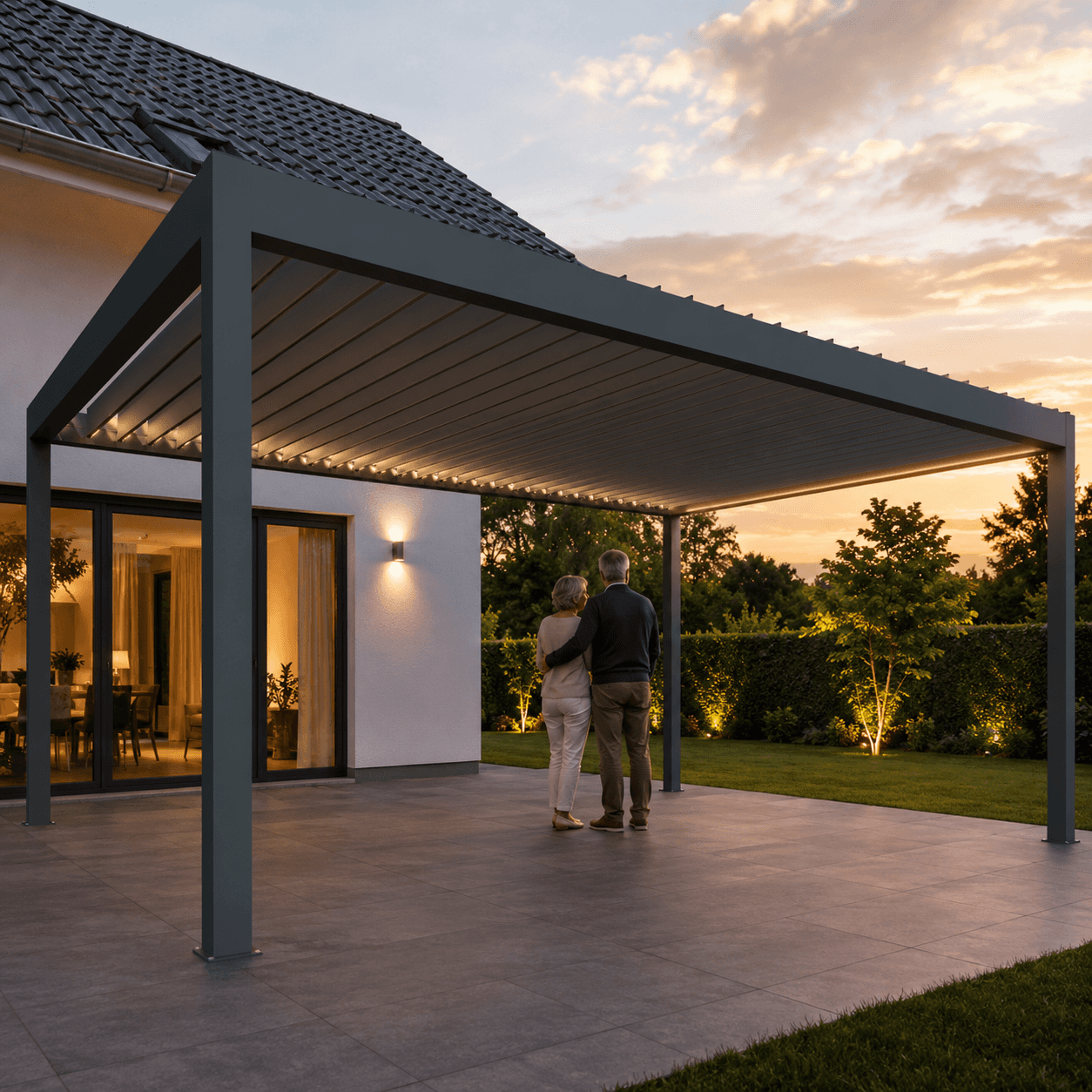 Lamellendach-Pergola in Anthrazit auf Terrasse bei Sonnenuntergang