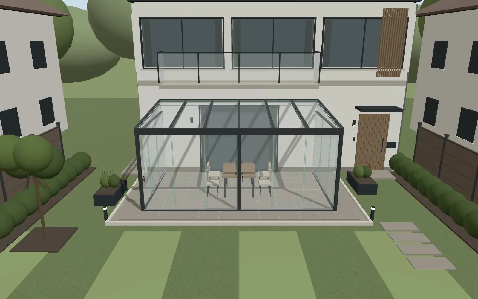 3D configurator: 6 × 4 m cold conservatory with sliding glass walls attached to a house, garden view